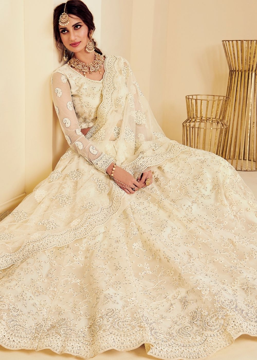 Ivory White Soft Net Lehenga Choli with Cording Embroidery & Stone work