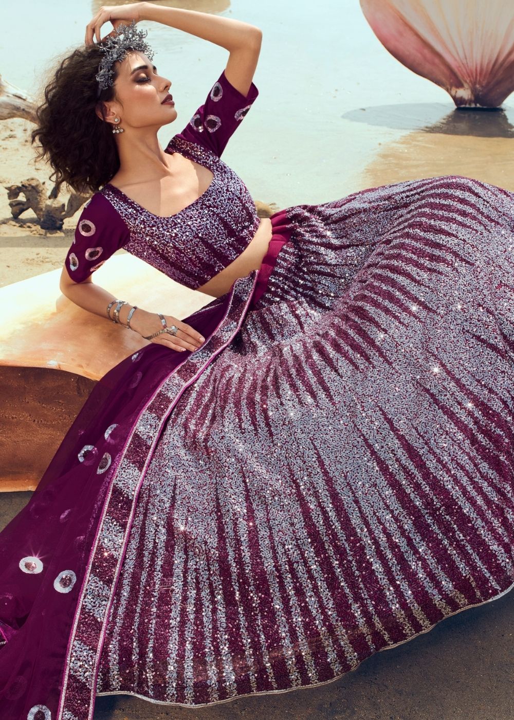 Wine Soft Net Designer Lehenga Choli with overall Sequins work