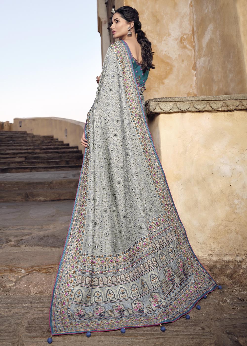 Smoke Grey Banarasi Silk Saree with Mirror, Diamond & Kachhi work