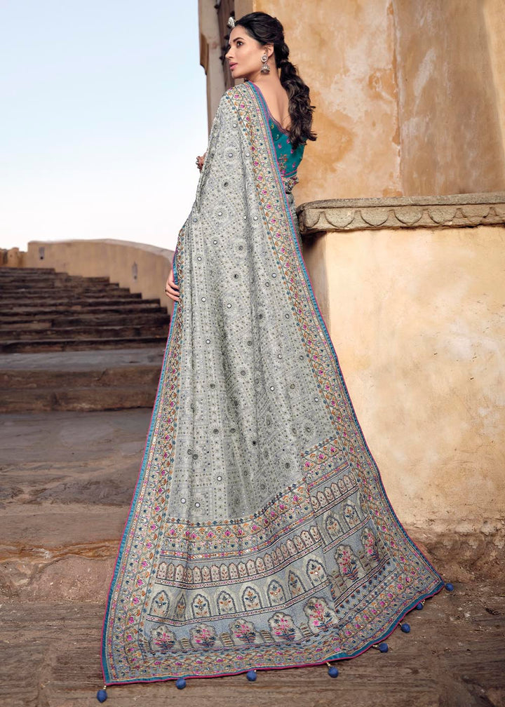 Smoke Grey Banarasi Silk Saree with Mirror, Diamond & Kachhi work