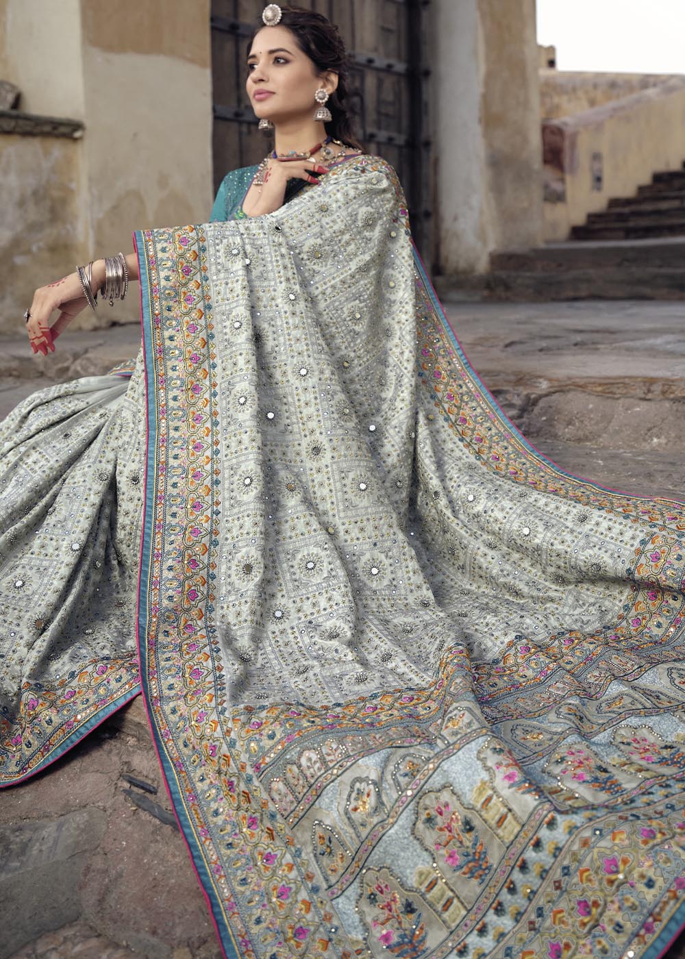 Smoke Grey Banarasi Silk Saree with Mirror, Diamond & Kachhi work