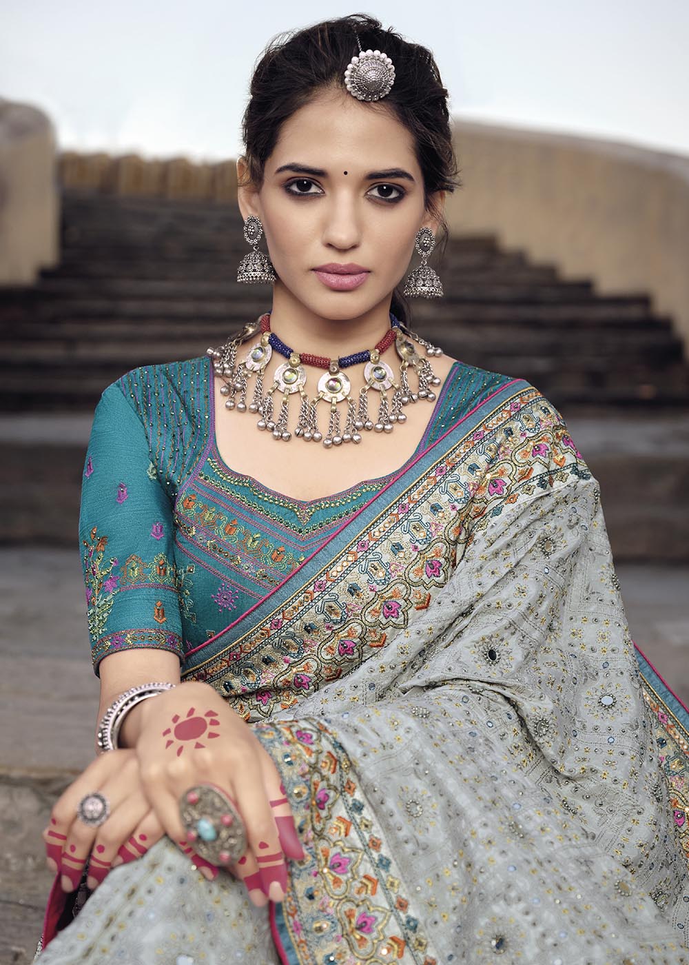 Smoke Grey Banarasi Silk Saree with Mirror, Diamond & Kachhi work