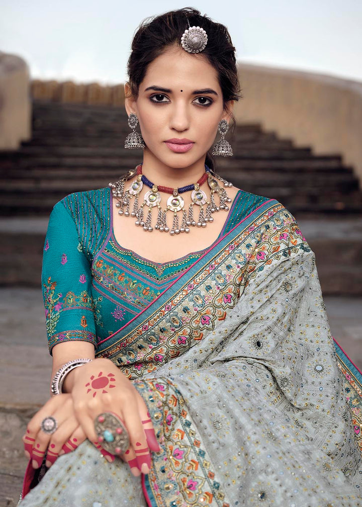 Smoke Grey Banarasi Silk Saree with Mirror, Diamond & Kachhi work