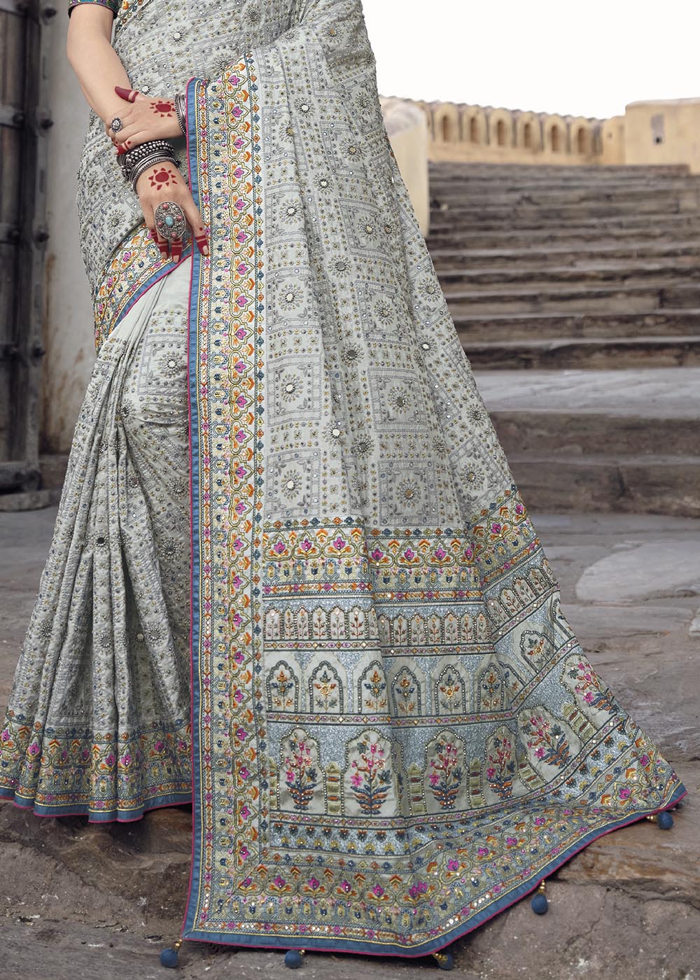 Smoke Grey Banarasi Silk Saree with Mirror, Diamond & Kachhi work