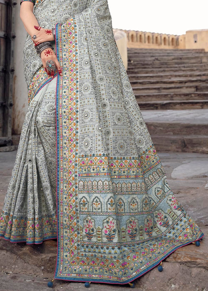 Smoke Grey Banarasi Silk Saree with Mirror, Diamond & Kachhi work