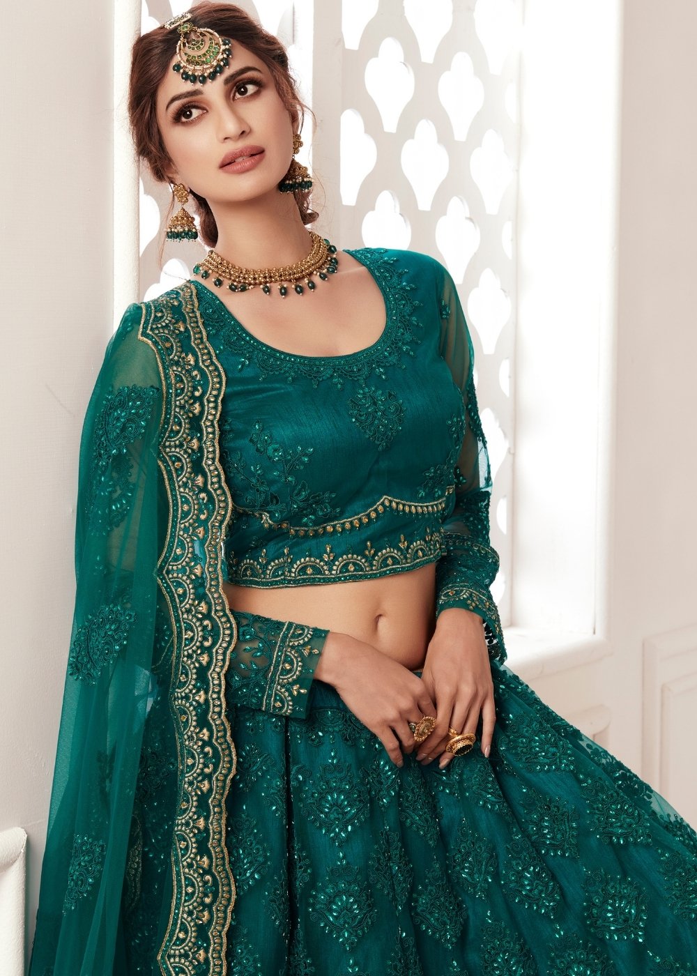 Teal Green Soft Net Lehenga Choli with Cording, Stonework, Thread & Zari Embroidery