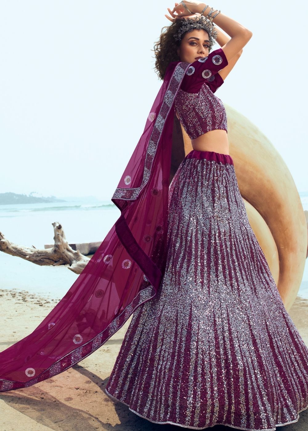 Wine Soft Net Designer Lehenga Choli with overall Sequins work
