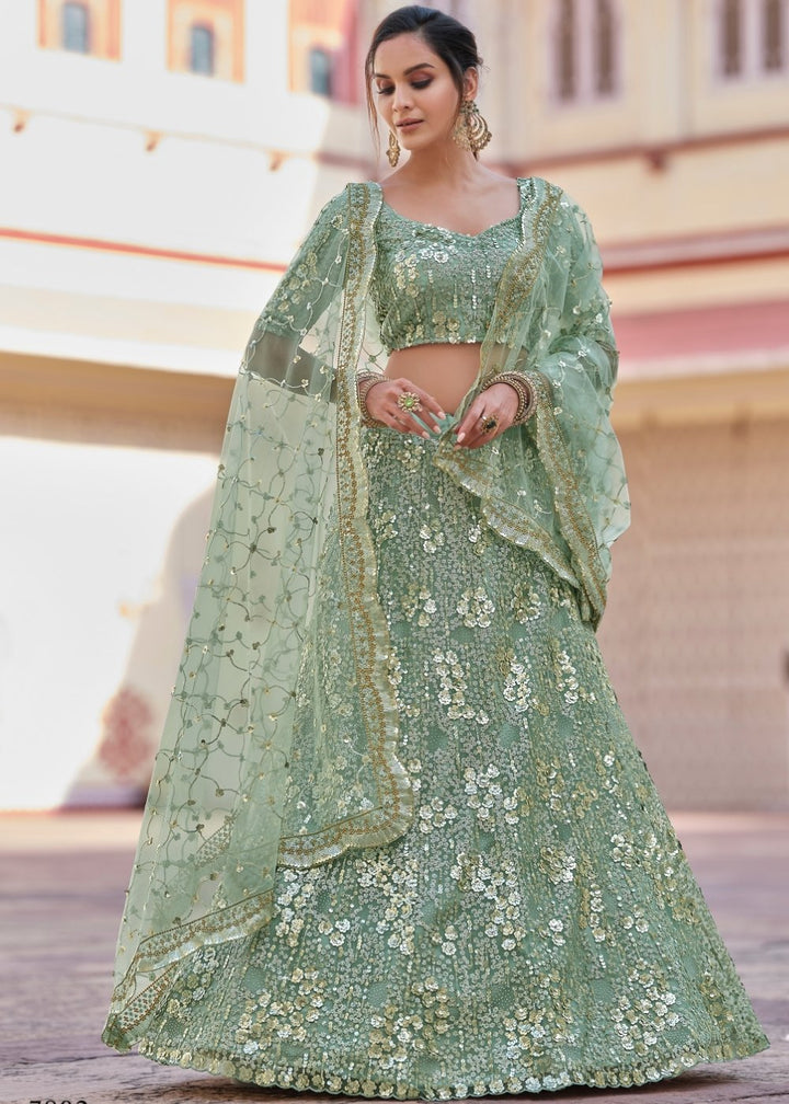 Frog Green Soft Net Lehenga Choli with Sequins, Thread & Stone work