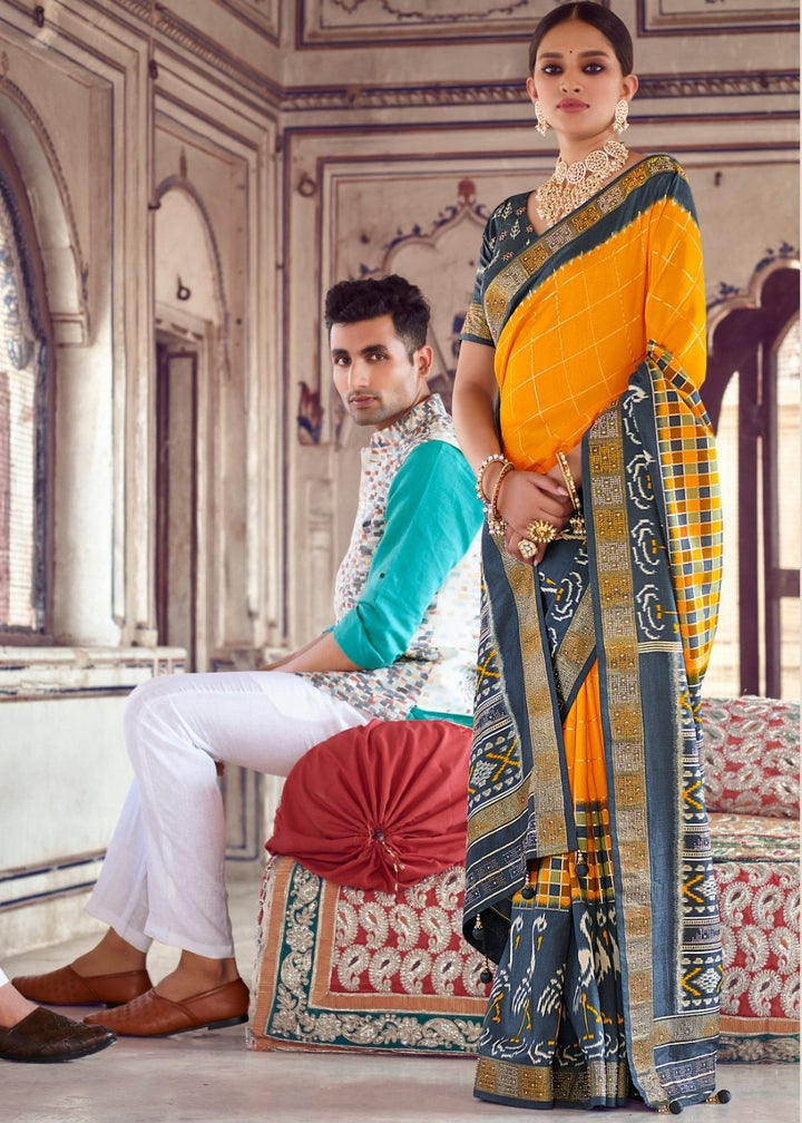 Tuscany Yellow & Grey Patola Silk Saree with Zari Border Pallu & Stone work