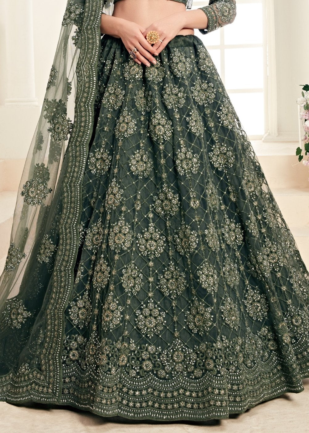 Mehendi Green Soft Net Lehenga Choli with Cording Embroidery & Stonework