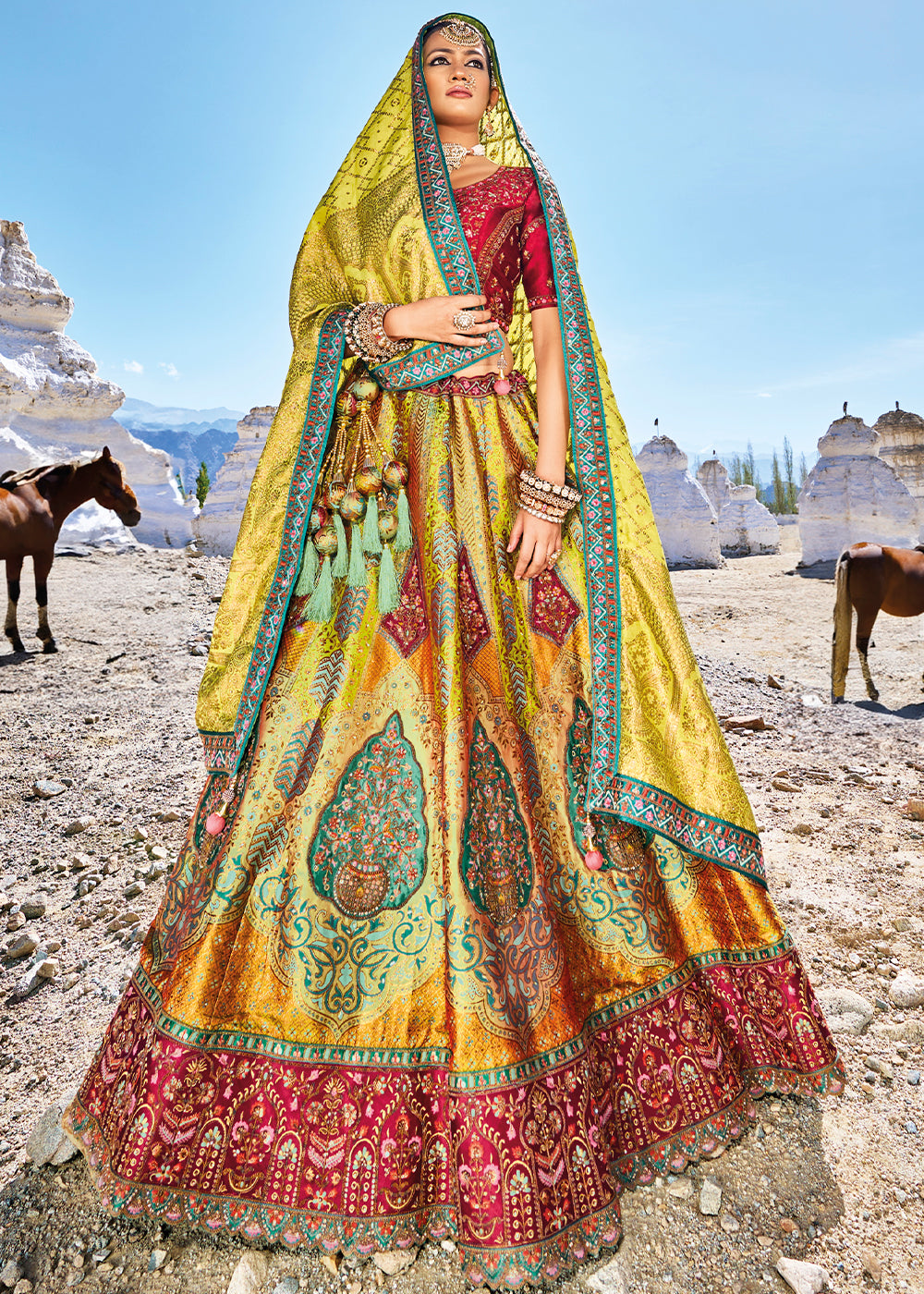 Red & Yellow Banarasi Jacquard Silk Lehengas with Cut Work & Hand Work Embroidery
