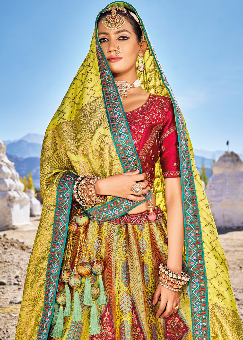 Red & Yellow Banarasi Jacquard Silk Lehengas with Cut Work & Hand Work Embroidery