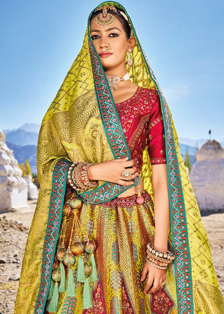 Red & Yellow Banarasi Jacquard Silk Lehengas with Cut Work & Hand Work Embroidery