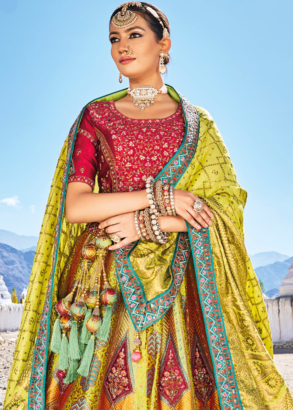 Red & Yellow Banarasi Jacquard Silk Lehengas with Cut Work & Hand Work Embroidery