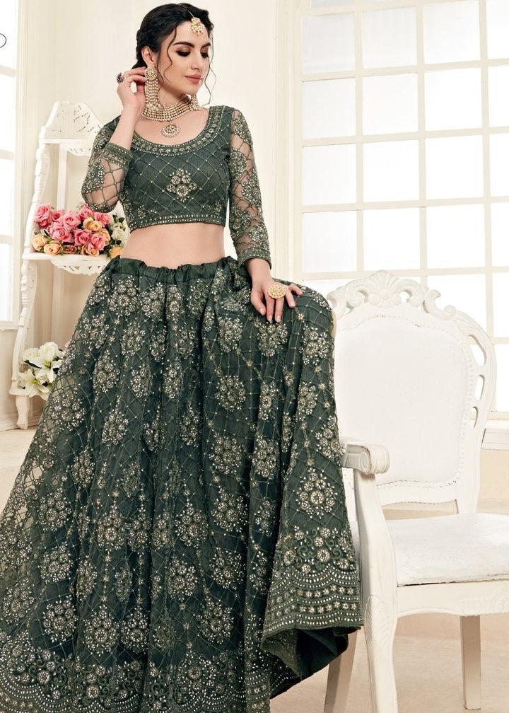 Mehendi Green Soft Net Lehenga Choli with Cording Embroidery & Stonework