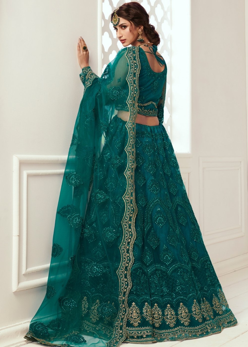 Teal Green Soft Net Lehenga Choli with Cording, Stonework, Thread & Zari Embroidery