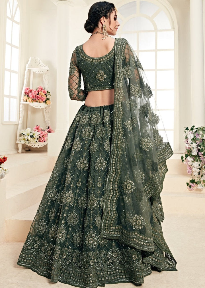 Mehendi Green Soft Net Lehenga Choli with Cording Embroidery & Stonework