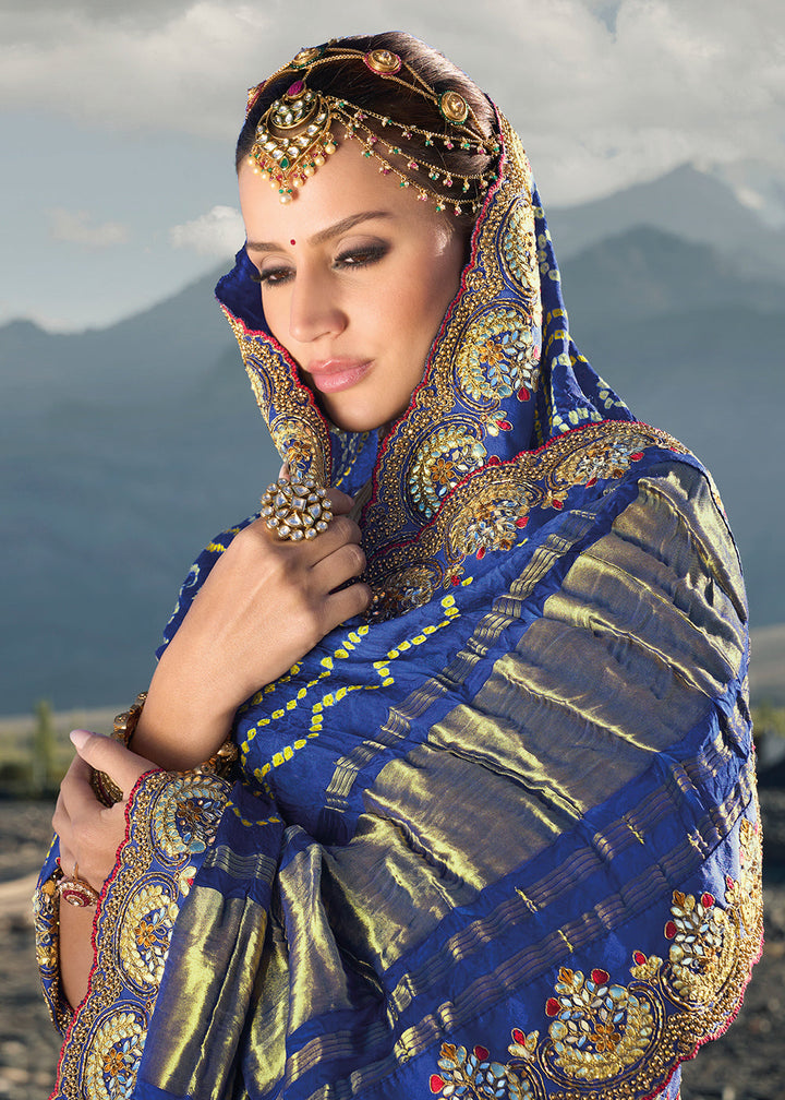 Azure Blue Bandhej Satin Silk Saree with Mirror,Moti & Cut-Dana Work