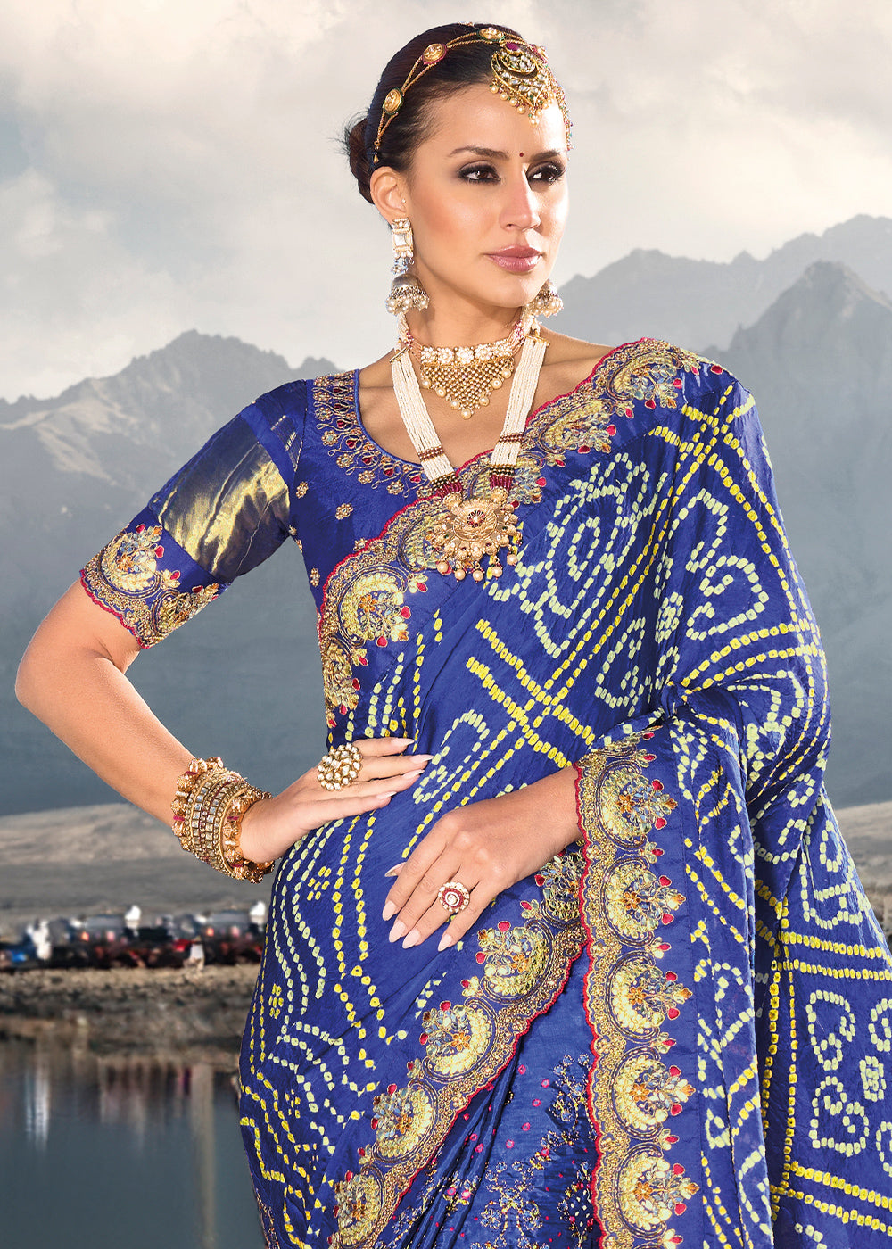 Azure Blue Bandhej Satin Silk Saree with Mirror,Moti & Cut-Dana Work