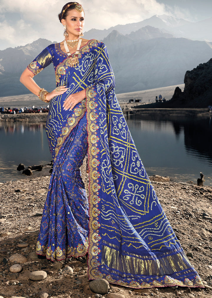 Azure Blue Bandhej Satin Silk Saree with Mirror,Moti & Cut-Dana Work