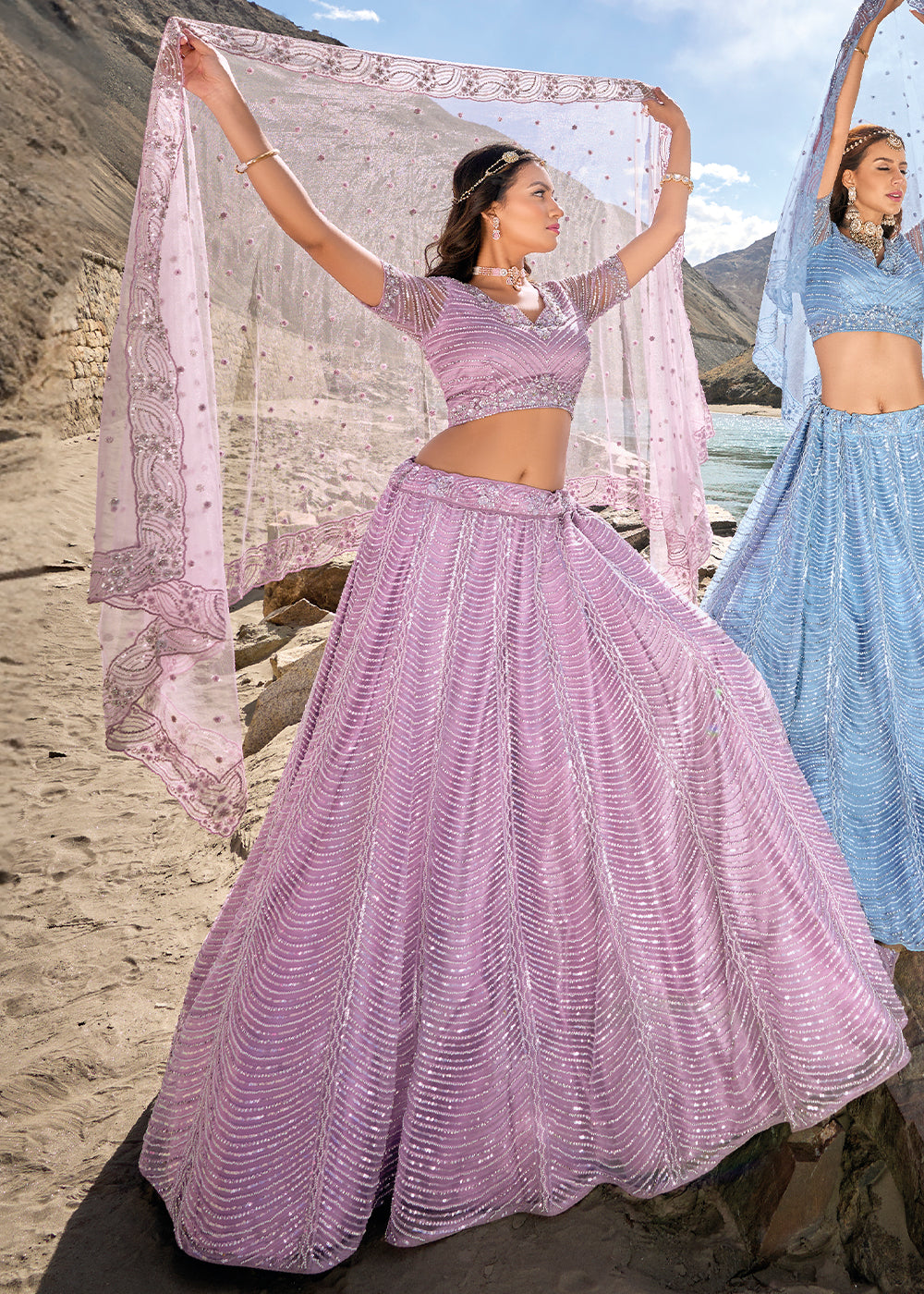 Bright Purple Net lehenga Choli with Mirror,Zarkan & Cutwork