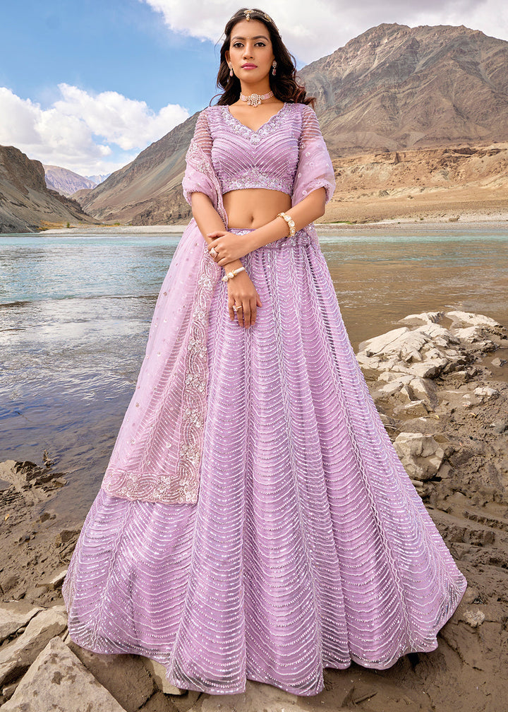 Bright Purple Net lehenga Choli with Mirror,Zarkan & Cutwork