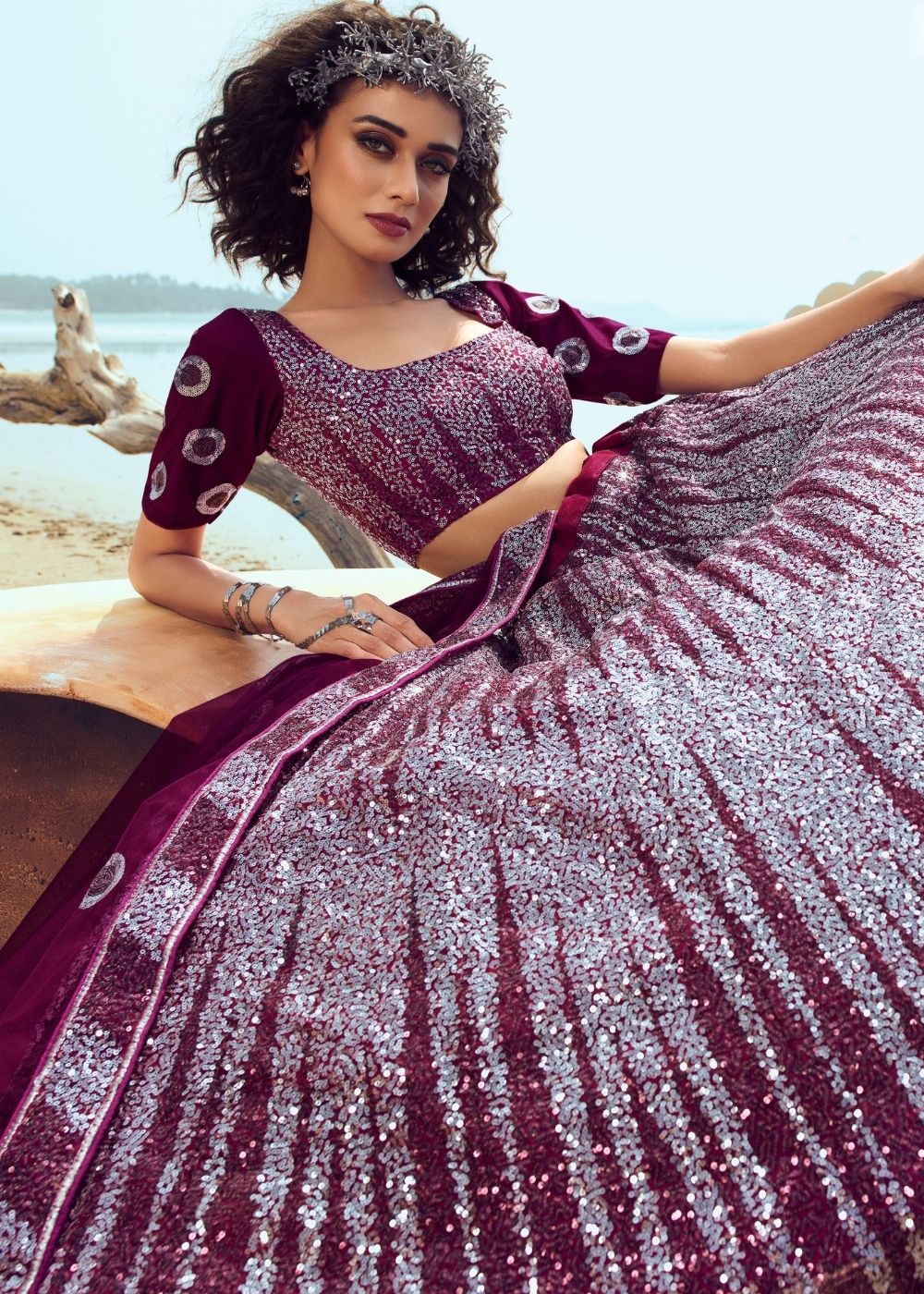 Wine Soft Net Designer Lehenga Choli with overall Sequins work