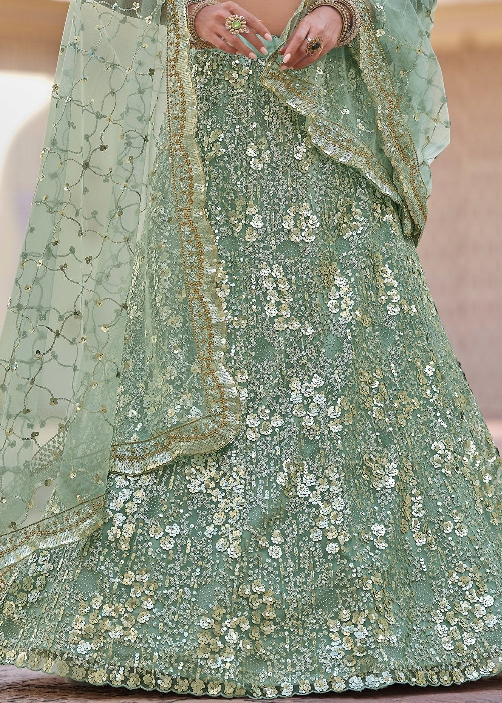 Frog Green Soft Net Lehenga Choli with Sequins, Thread & Stone work