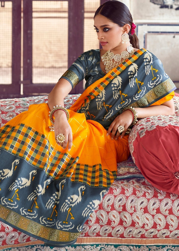 Tuscany Yellow & Grey Patola Silk Saree with Zari Border Pallu & Stone work