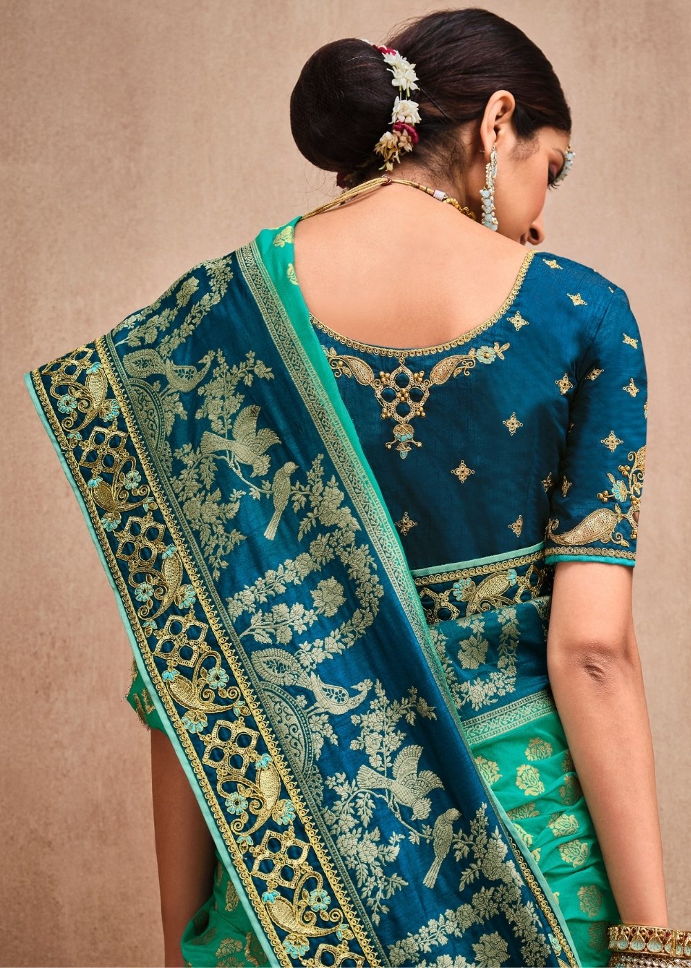 Turquoise Blue Jacquard Woven Silk Saree with Embroidered work