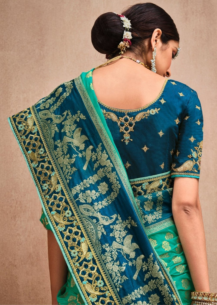 Turquoise Blue Jacquard Woven Silk Saree with Embroidered work