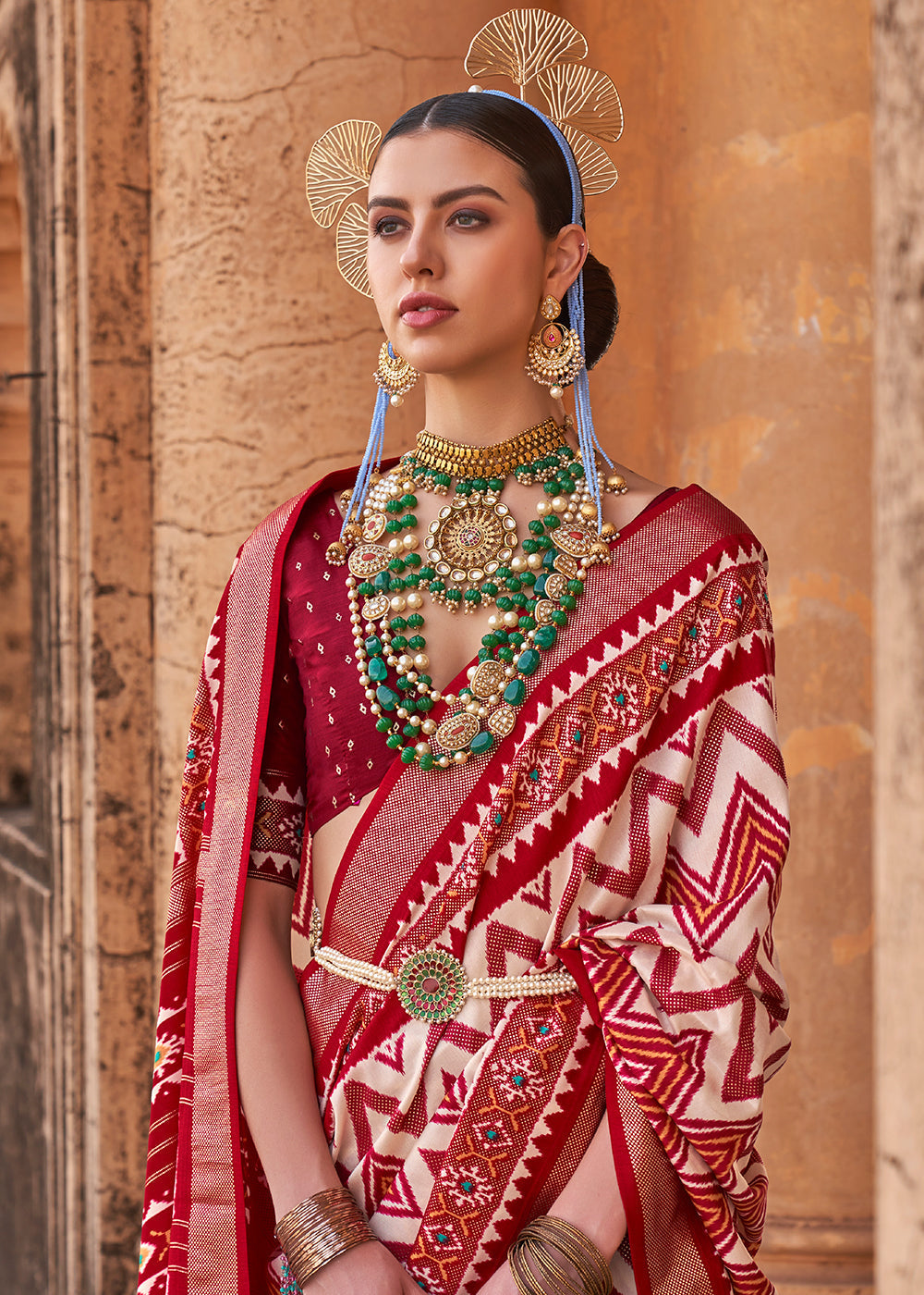 White & Red Designer Printed Silk Saree