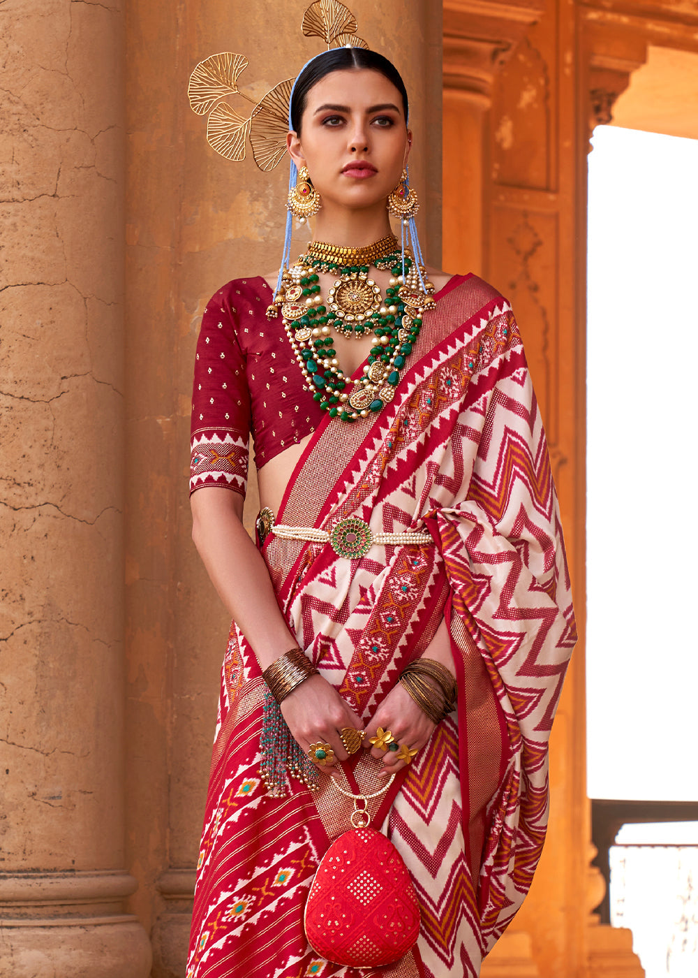 White & Red Designer Printed Silk Saree