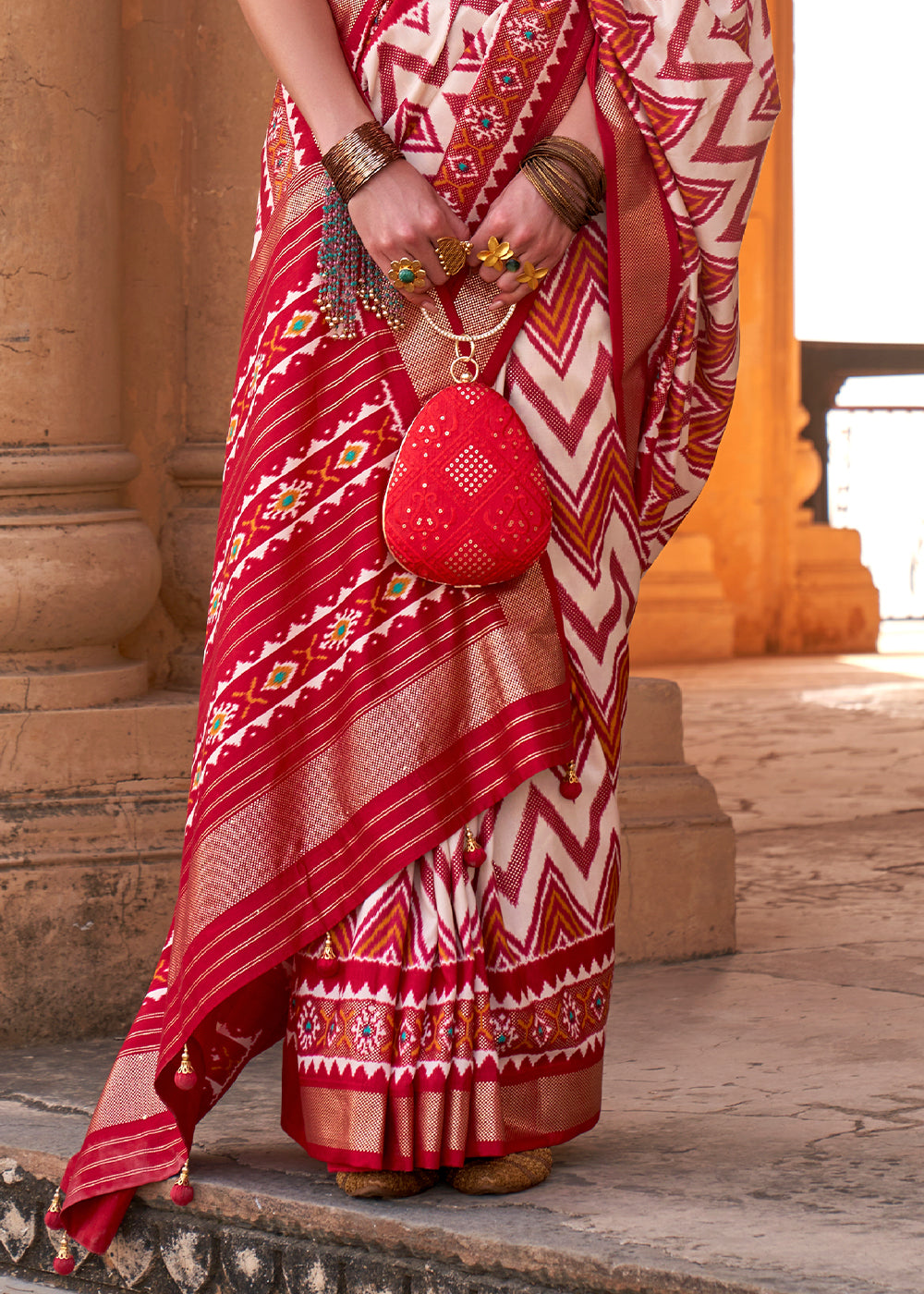 White & Red Designer Printed Silk Saree