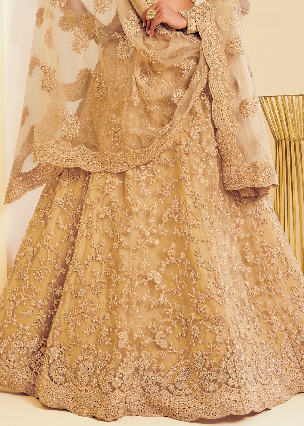 Golden Brown Soft Net Lehenga Choli with Cording Embroidery & Stone work