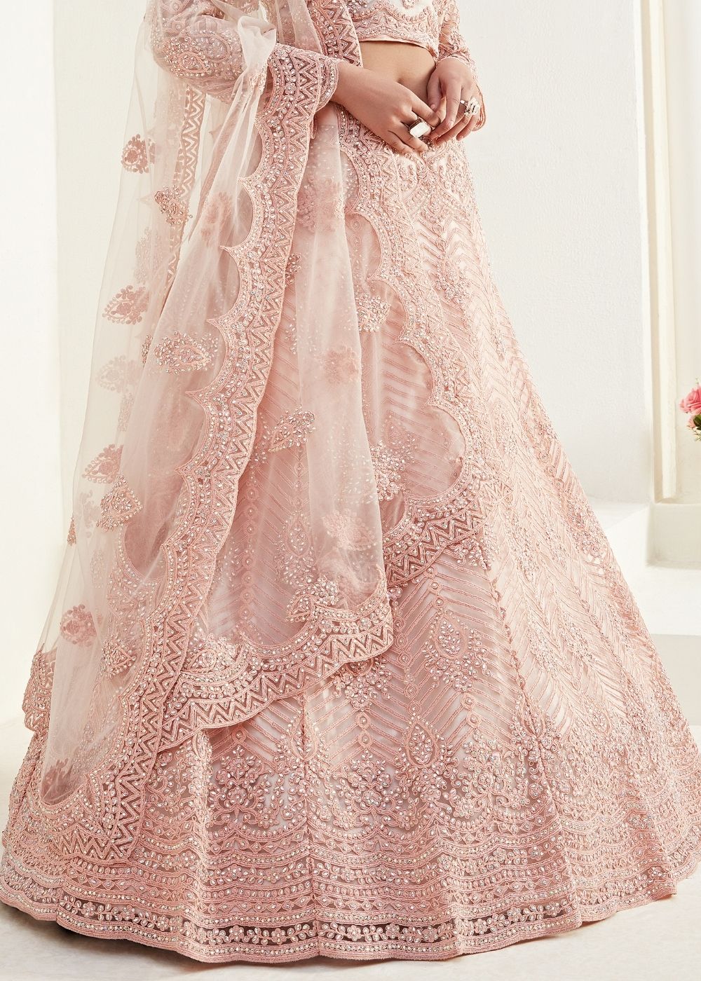 Peach Pink Soft Net Lehenga Choli with Coding Embroidery & Stonework(Pre-Order)