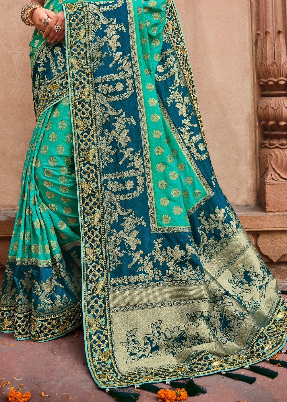 Turquoise Blue Jacquard Woven Silk Saree with Embroidered work