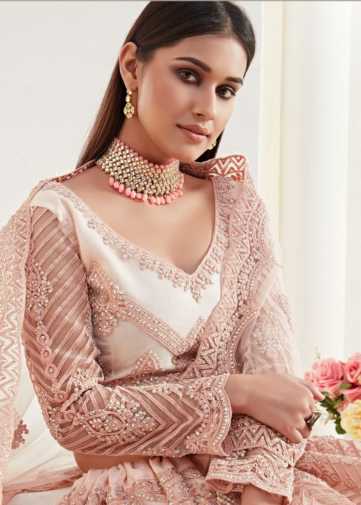 Peach Pink Soft Net Lehenga Choli with Coding Embroidery & Stonework