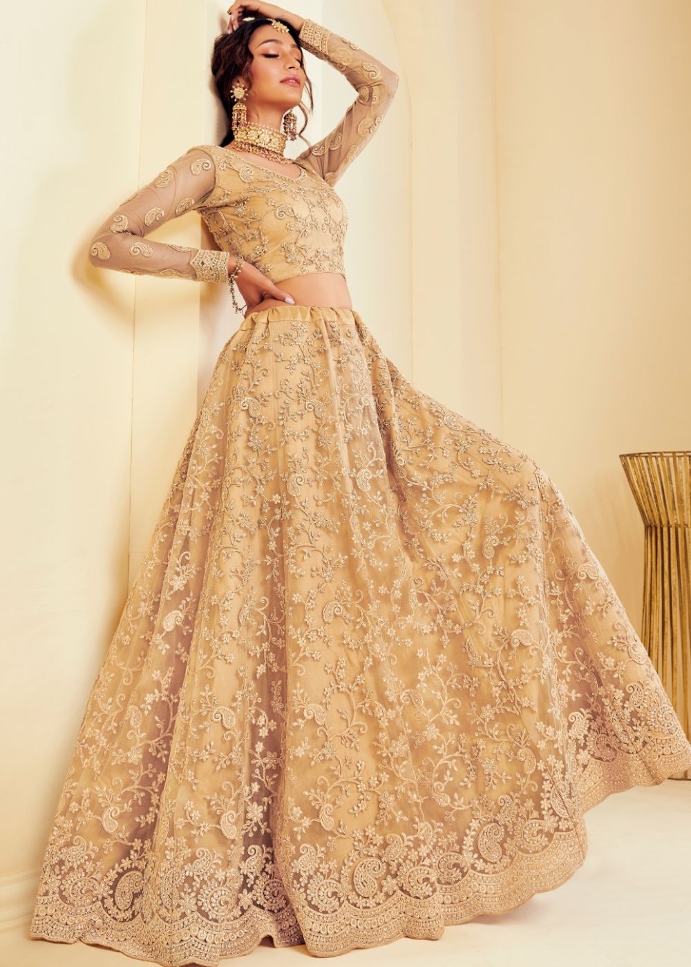 Golden Brown Soft Net Lehenga Choli with Cording Embroidery & Stone work