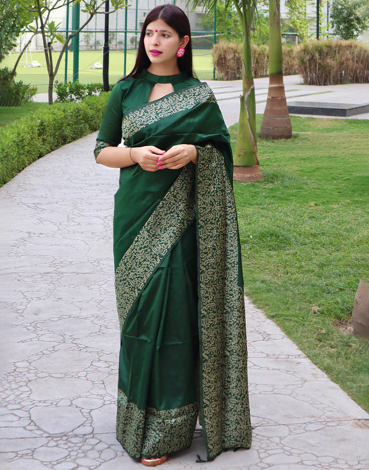 Sacramento Green Handloom Raw Silk Saree