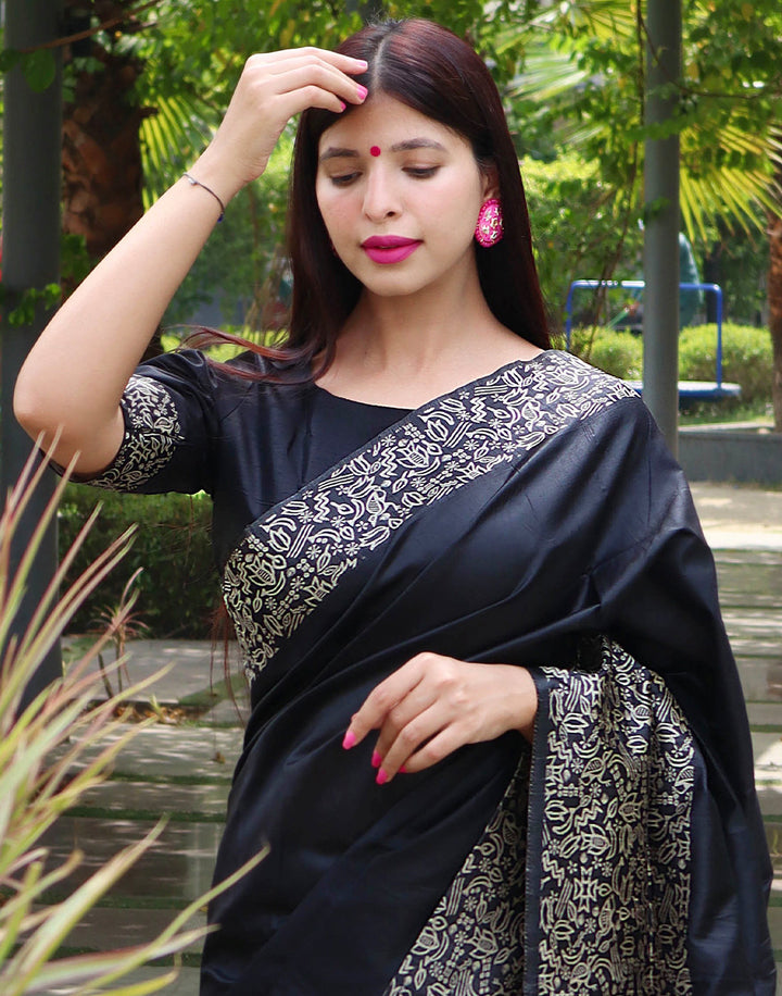 Onyx Black Handloom Raw Silk Saree
