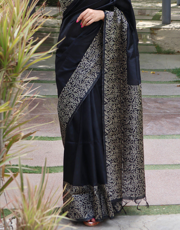 Onyx Black Handloom Raw Silk Saree
